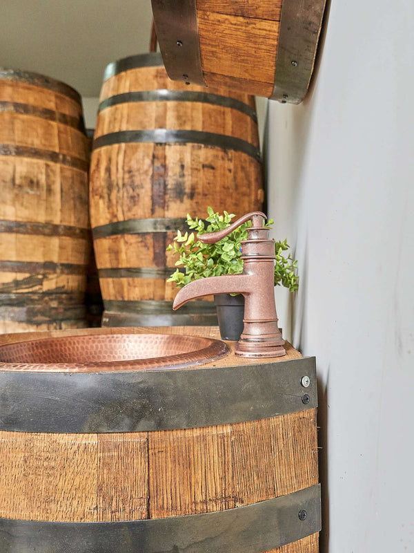 Whiskey Barrel Sink with Handmade Hammered Copper Bowl, Rustic Bathroom Vanity, Farmhouse & Cabin Decor