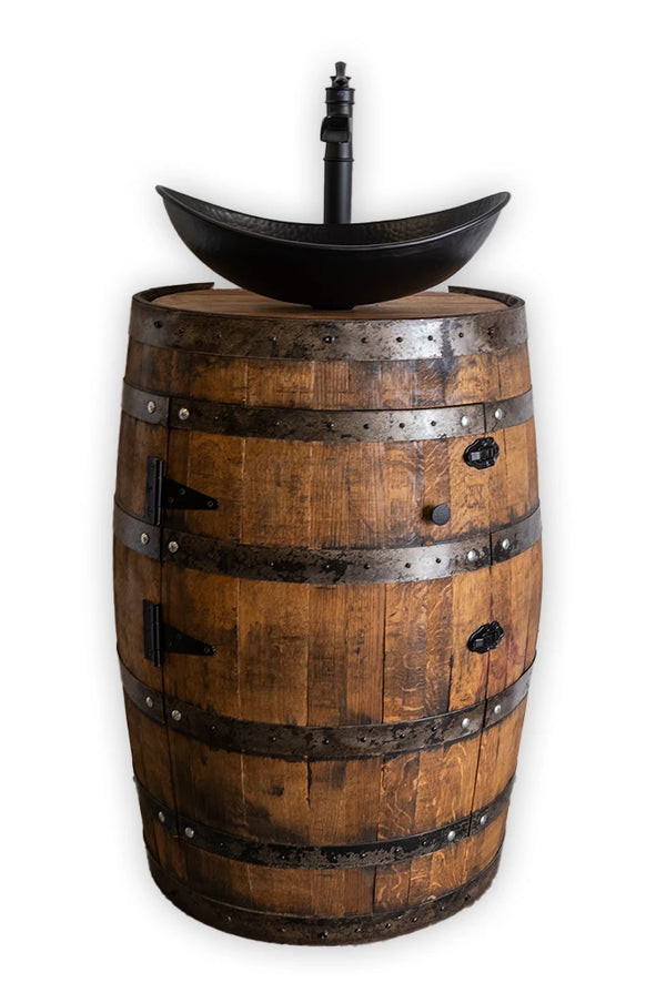 3/4 Whiskey Barrel Vessel Vanity with Black Hammered Sink and Faucet