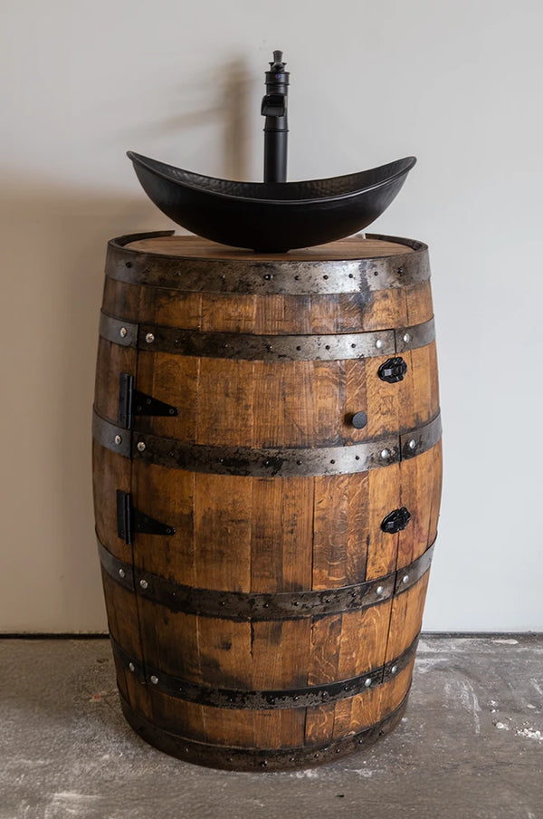 3/4 Whiskey Barrel Vessel Vanity with Black Hammered Sink and Faucet