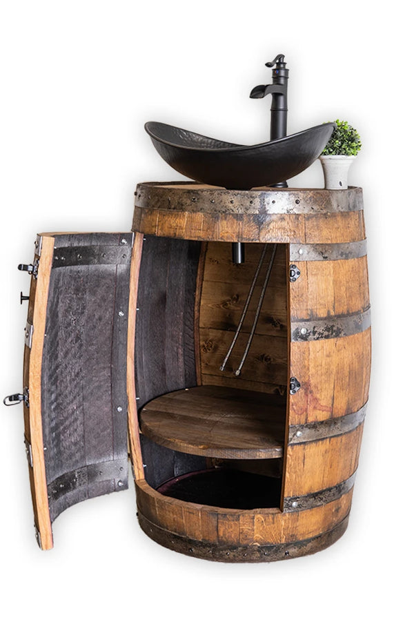 3/4 Whiskey Barrel Vessel Vanity with Black Hammered Sink and Faucet