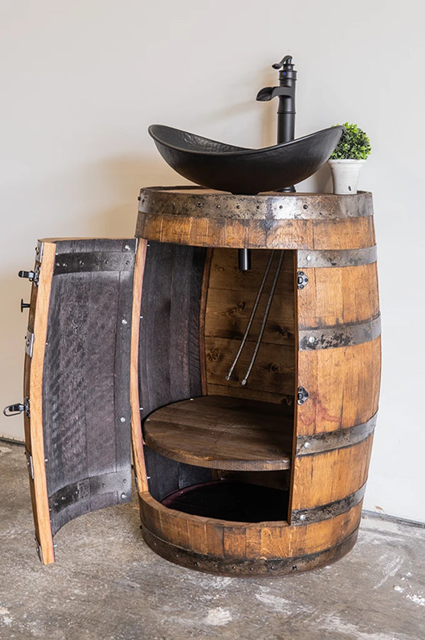 3/4 Whiskey Barrel Vessel Vanity with Black Hammered Sink and Faucet