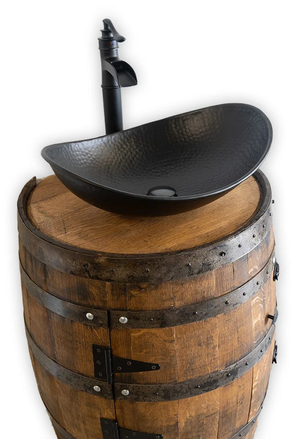 3/4 Whiskey Barrel Vessel Vanity with Black Hammered Sink and Faucet