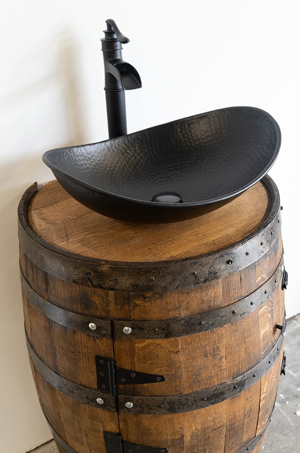 3/4 Whiskey Barrel Vessel Vanity with Black Hammered Sink and Faucet