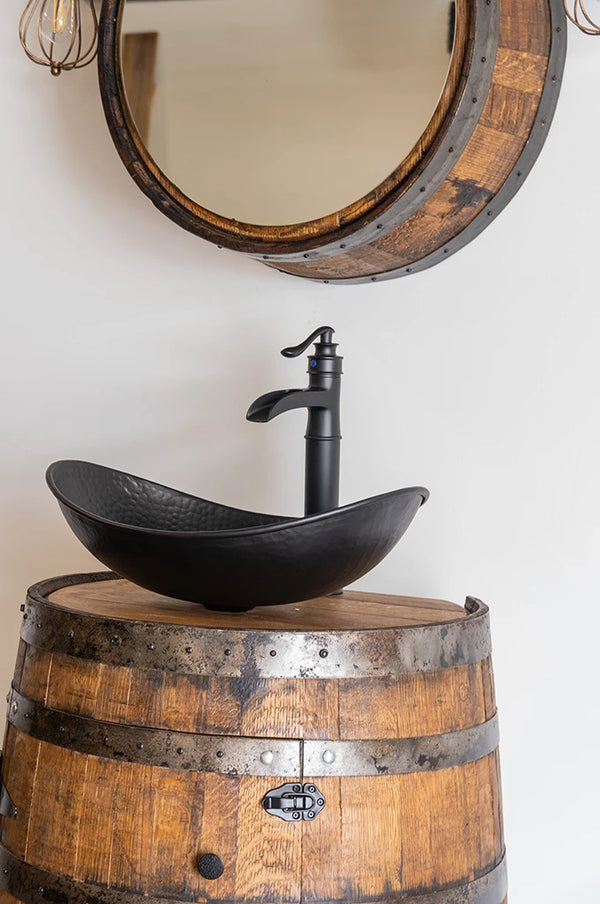 3/4 Whiskey Barrel Vessel Vanity with Black Hammered Sink and Faucet