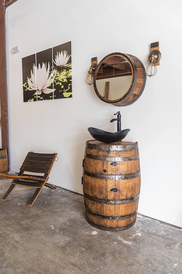 3/4 Whiskey Barrel Vessel Vanity with Black Hammered Sink and Faucet