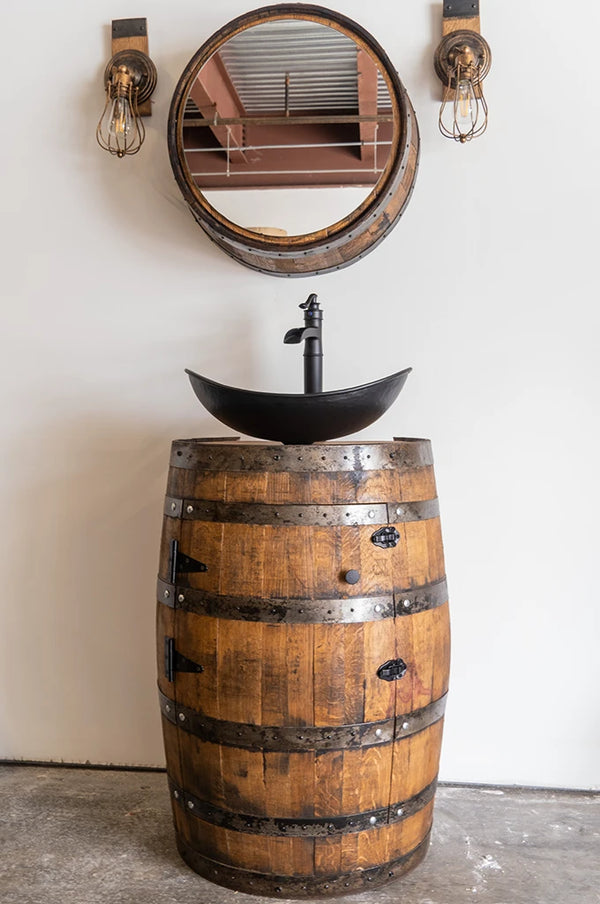 3/4 Whiskey Barrel Vessel Vanity with Black Hammered Sink and Faucet