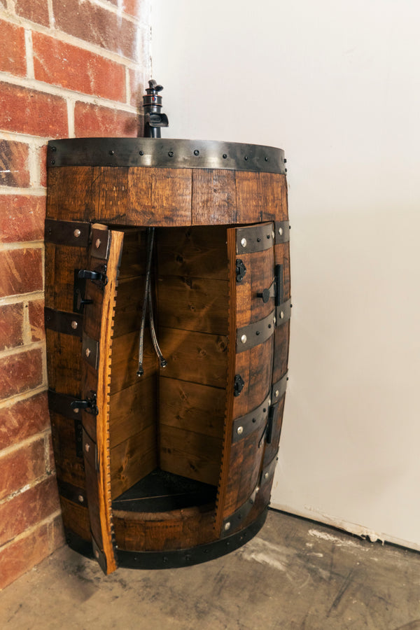 Whiskey Corner Barrel Vanity with Hammered Sink: Rustic Farmhouse Bathroom Decor