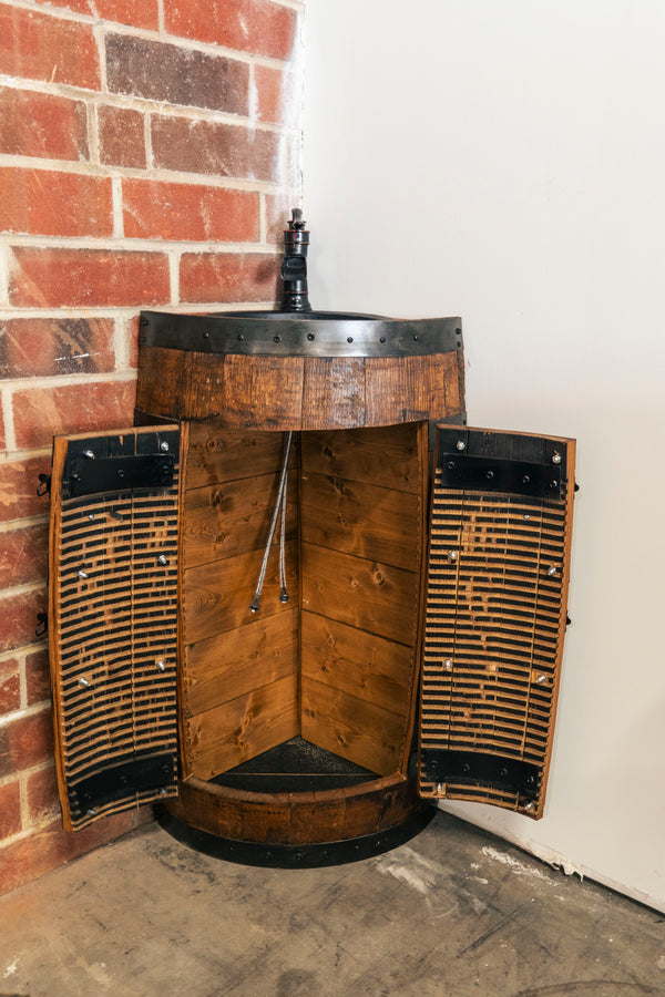 Whiskey Corner Barrel Vanity with Hammered Sink: Rustic Farmhouse Bathroom Decor