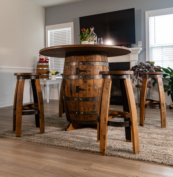 Whiskey Barrel table Set with Stools -Outdoor Barrel Table with Stools Set