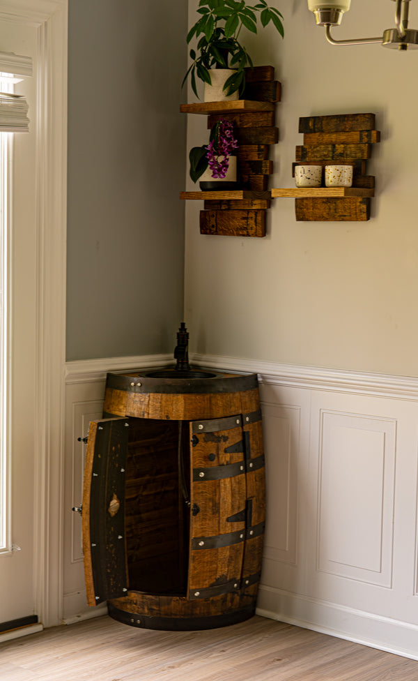 Whiskey Corner Barrel Vanity with Hammered Sink: Rustic Farmhouse Bathroom Decor