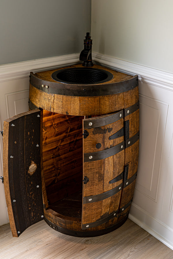 Whiskey Corner Barrel Vanity with Hammered Sink: Rustic Farmhouse Bathroom Decor