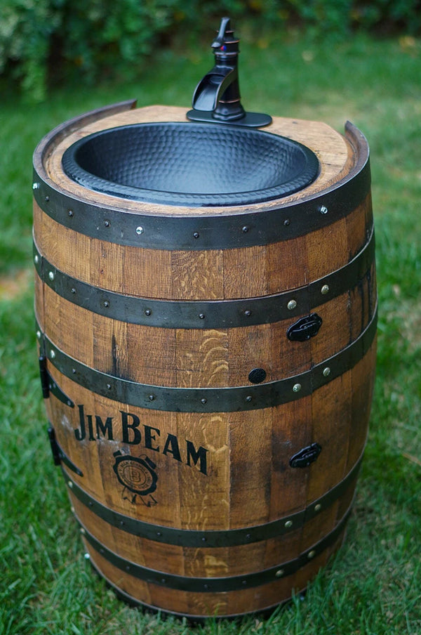 3/4 Whiskey Barrel Vanity with Black Hammered Sink and Faucet