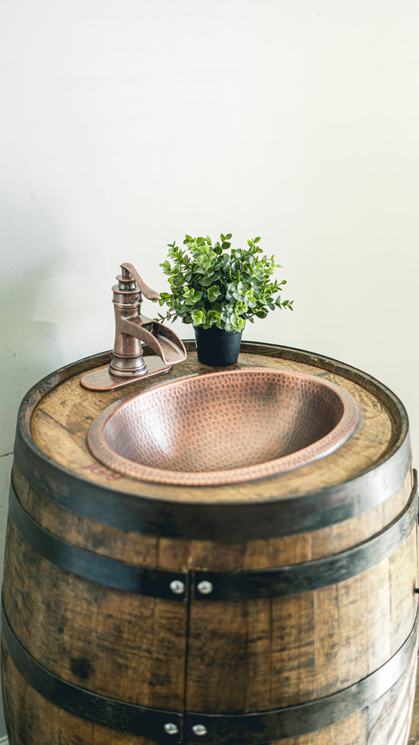 Whiskey Barrel Sink with Handmade Hammered Copper Bowl, Rustic Bathroom Vanity, Farmhouse & Cabin Decor