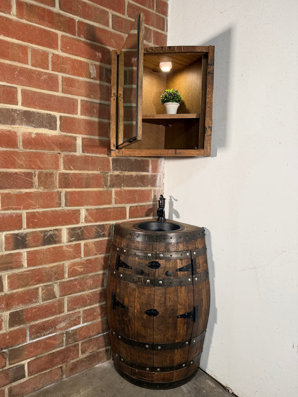 Whiskey Corner Barrel Vanity with Hammered Sink: Rustic Farmhouse Bathroom Decor