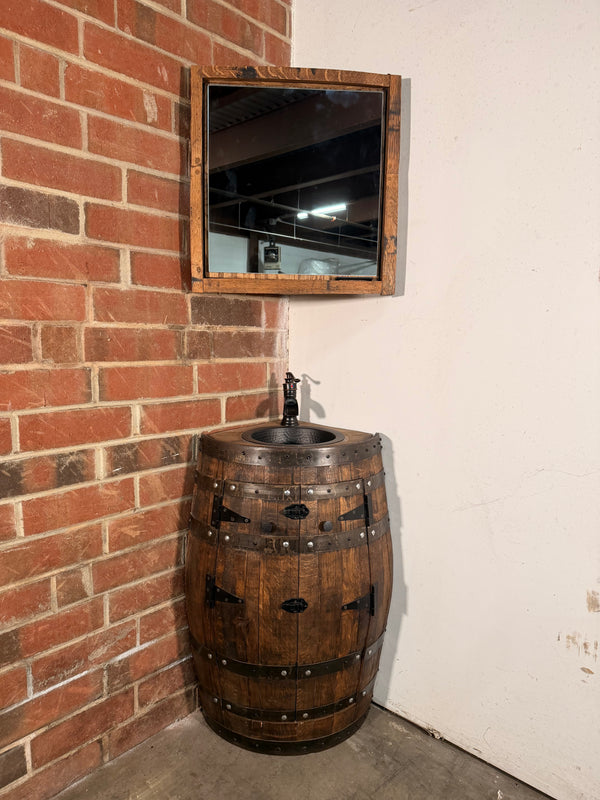 Whiskey Corner Barrel Vanity with Hammered Sink: Rustic Farmhouse Bathroom Decor