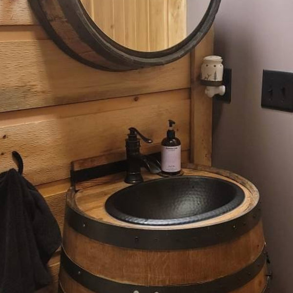 3/4 Whiskey Barrel Vanity with Black Hammered Sink and Faucet