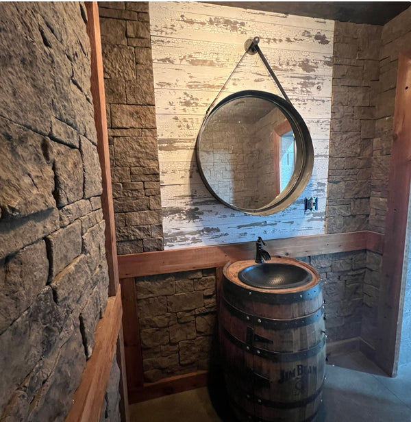 3/4 Whiskey Barrel Vanity with Black Hammered Sink and Faucet