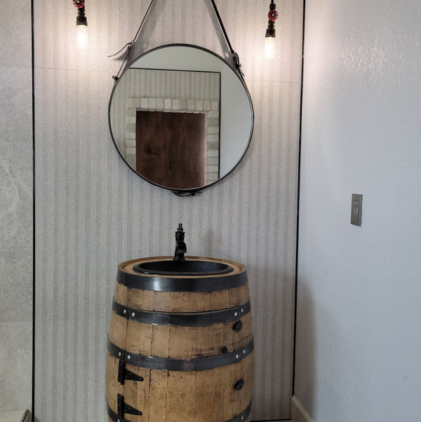 3/4 Whiskey Barrel Vanity with Black Hammered Sink and Faucet