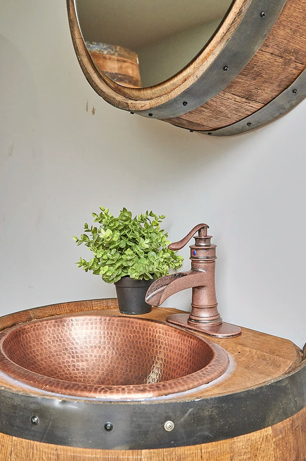 3/4 Whiskey Barrel Vanity with Cooper Hammered Sink and Faucet