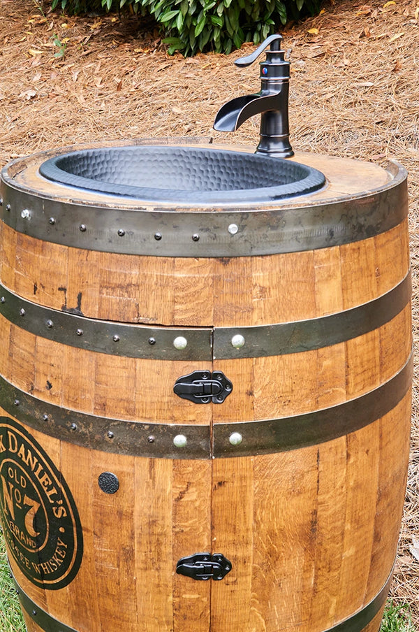 3/4 Whiskey Barrel Vanity with Black Hammered Sink and Faucet