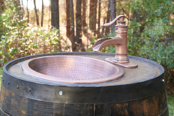 Whiskey Barrel Sink with Handmade Hammered Copper Bowl, Rustic Bathroom Vanity, Farmhouse & Cabin Decor